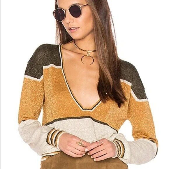 Free People Womens Medium Metallic Deep V Neck Sweater Gold Dust Pullover Top - Picture 3 of 14